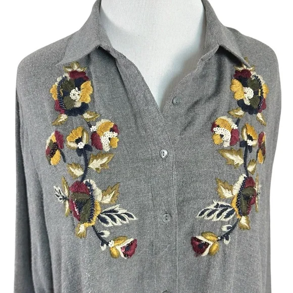 Zara Embroidered Swing Tunic Shirt Dress Size Large Grey Flannel Fall Shacket - Picture 9 of 15
